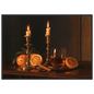 Candlelit Christmas table still life with brass and oranges, print in a black frame