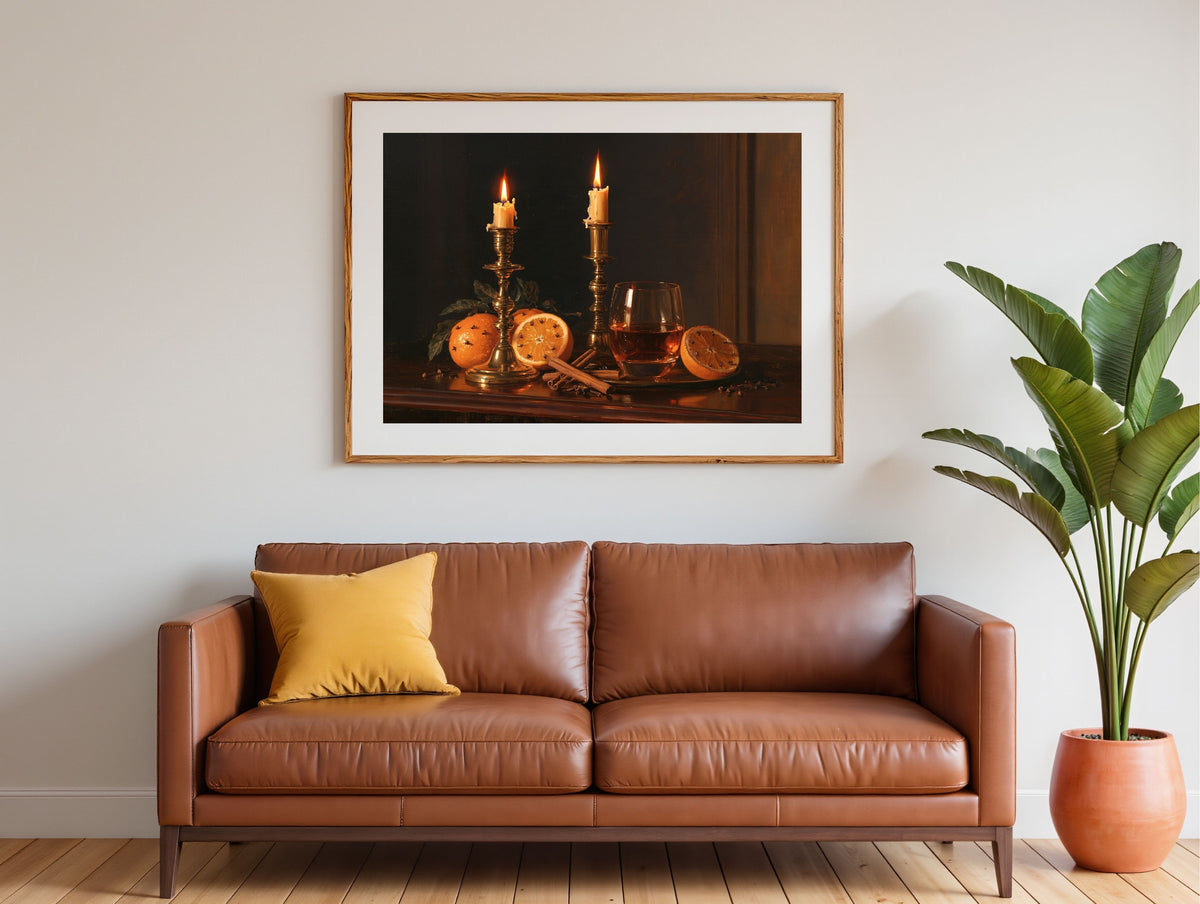 Candlelit Christmas table still life, in a pale wood frame above a tan leather sofa in a bright living room