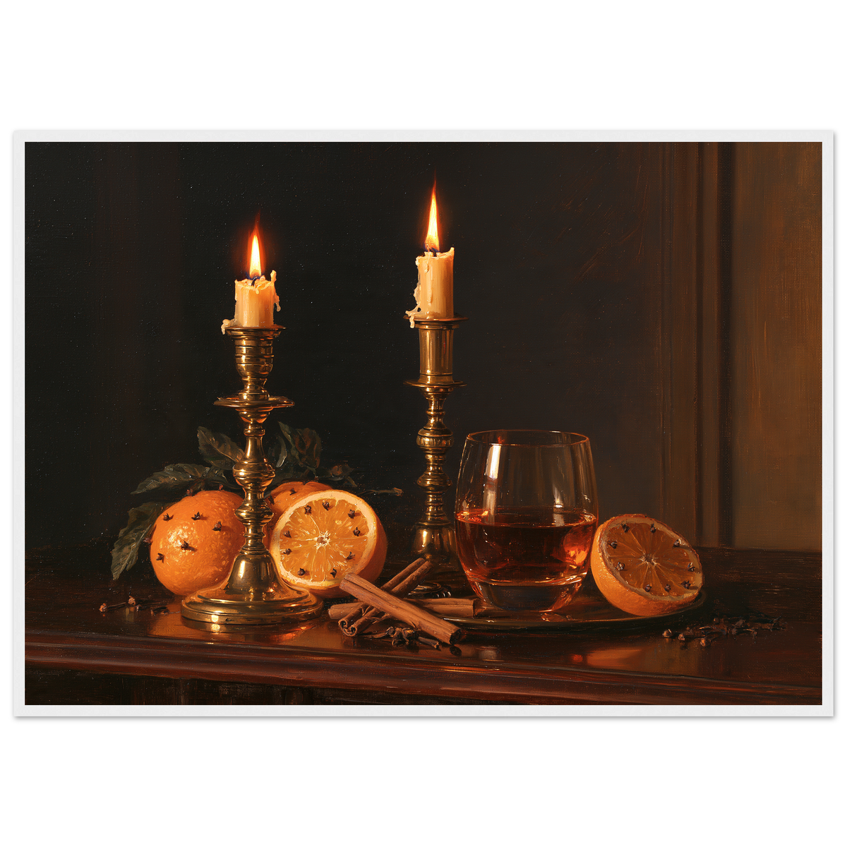 Candlelit Christmas table still life with brass and oranges, print in a white frame
