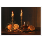 Candlelit Christmas table still life with brass and oranges, print in a white frame