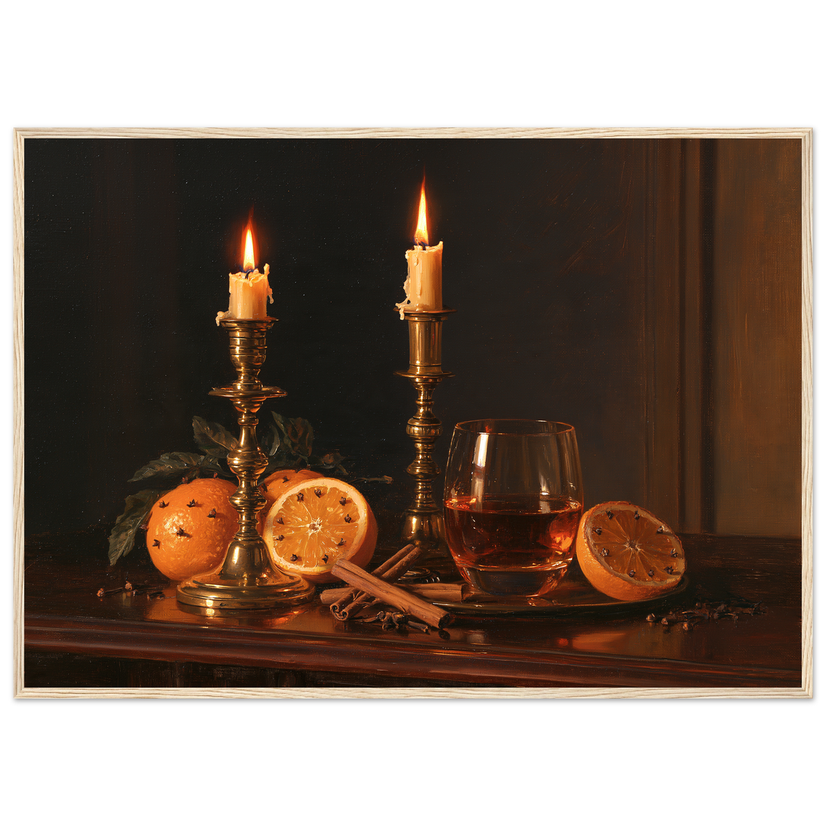 Candlelit Christmas table still life with brass and oranges, print in a natural wood frame