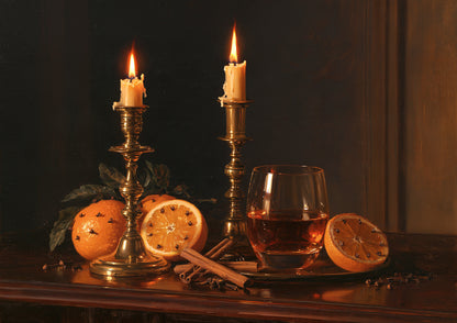 A candlelit still life of brass candlesticks, clove-studded oranges, cinnamon and a glass of whisky on dark polished wood