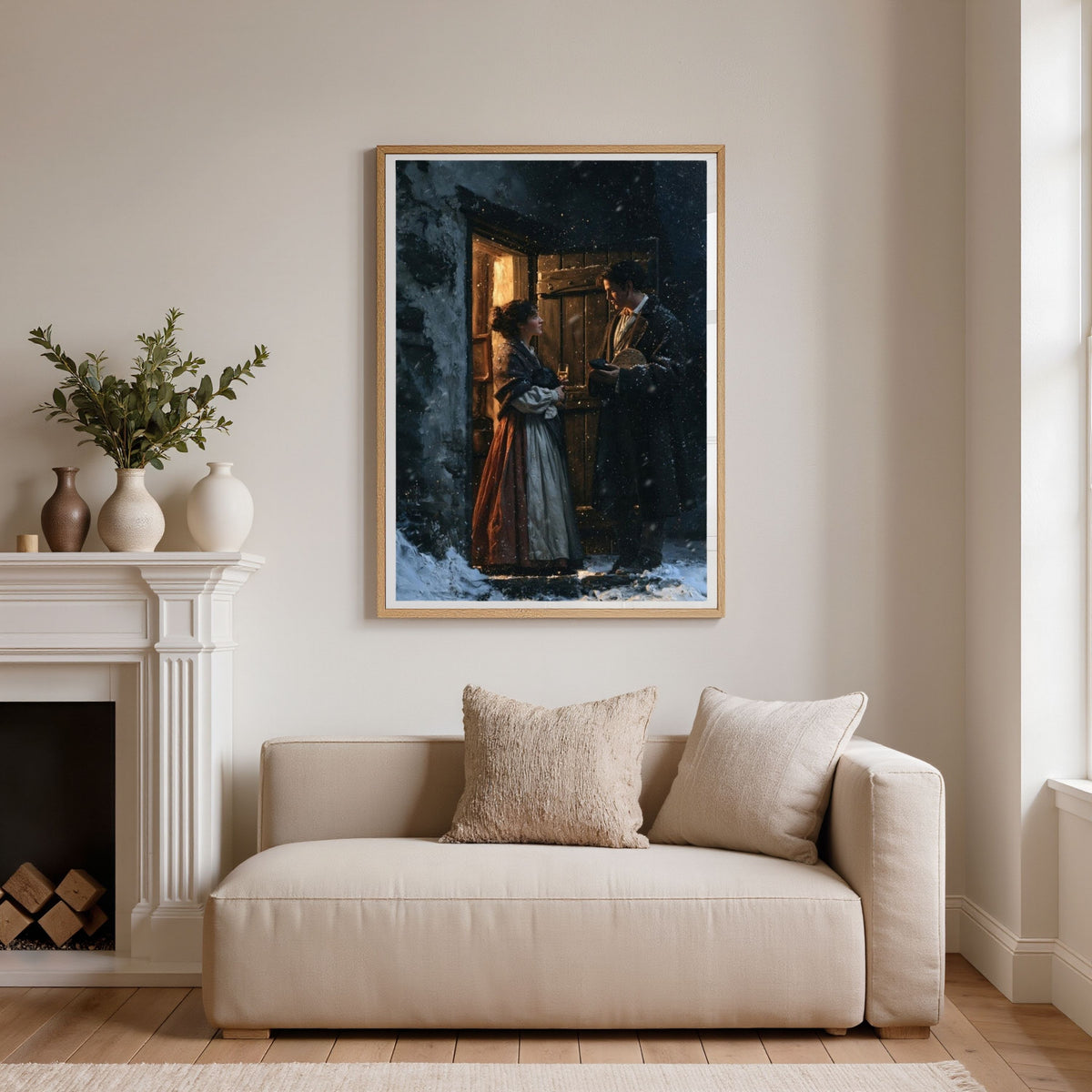 The First-Foot, in a natural wood frame above a cream sofa beside a white fireplace in a bright living room