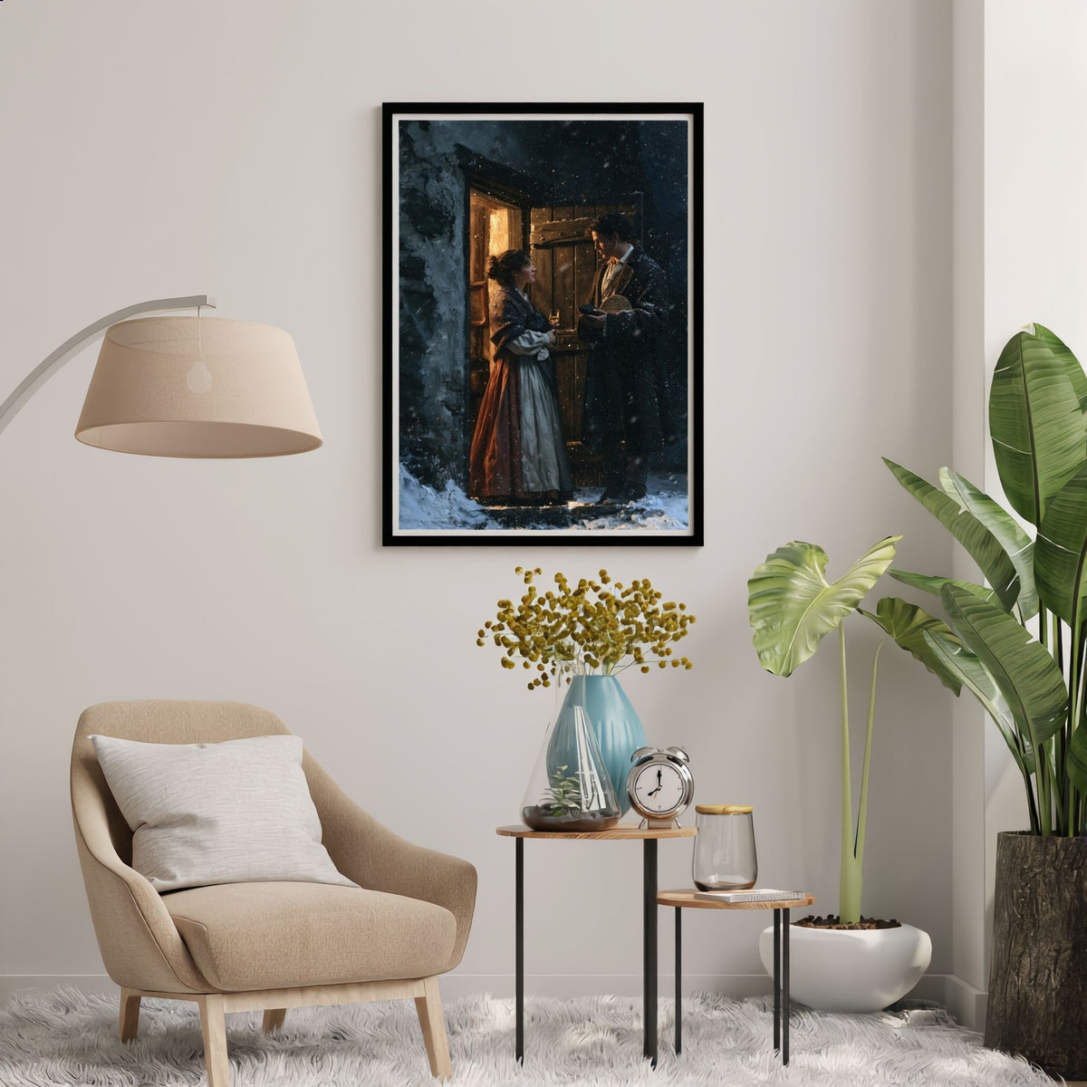 The First-Foot, in a black frame above an armchair and side tables in a reading corner with a floor lamp