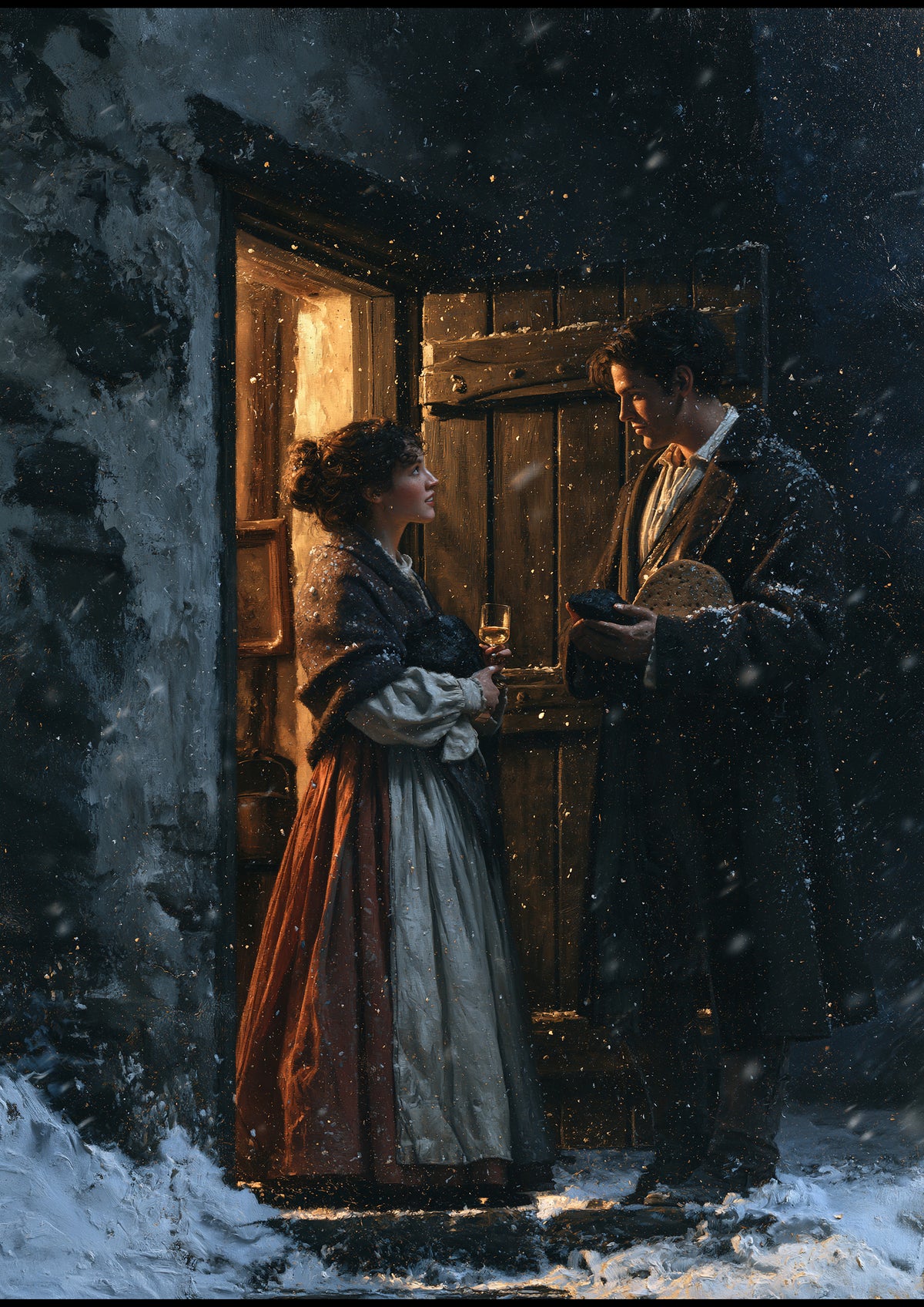 A Hogmanay first-foot at a lamplit croft door in falling snow, offering coal and a bannock to the woman of the house