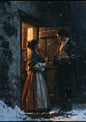A Hogmanay first-foot at a lamplit croft door in falling snow, offering coal and a bannock to the woman of the house