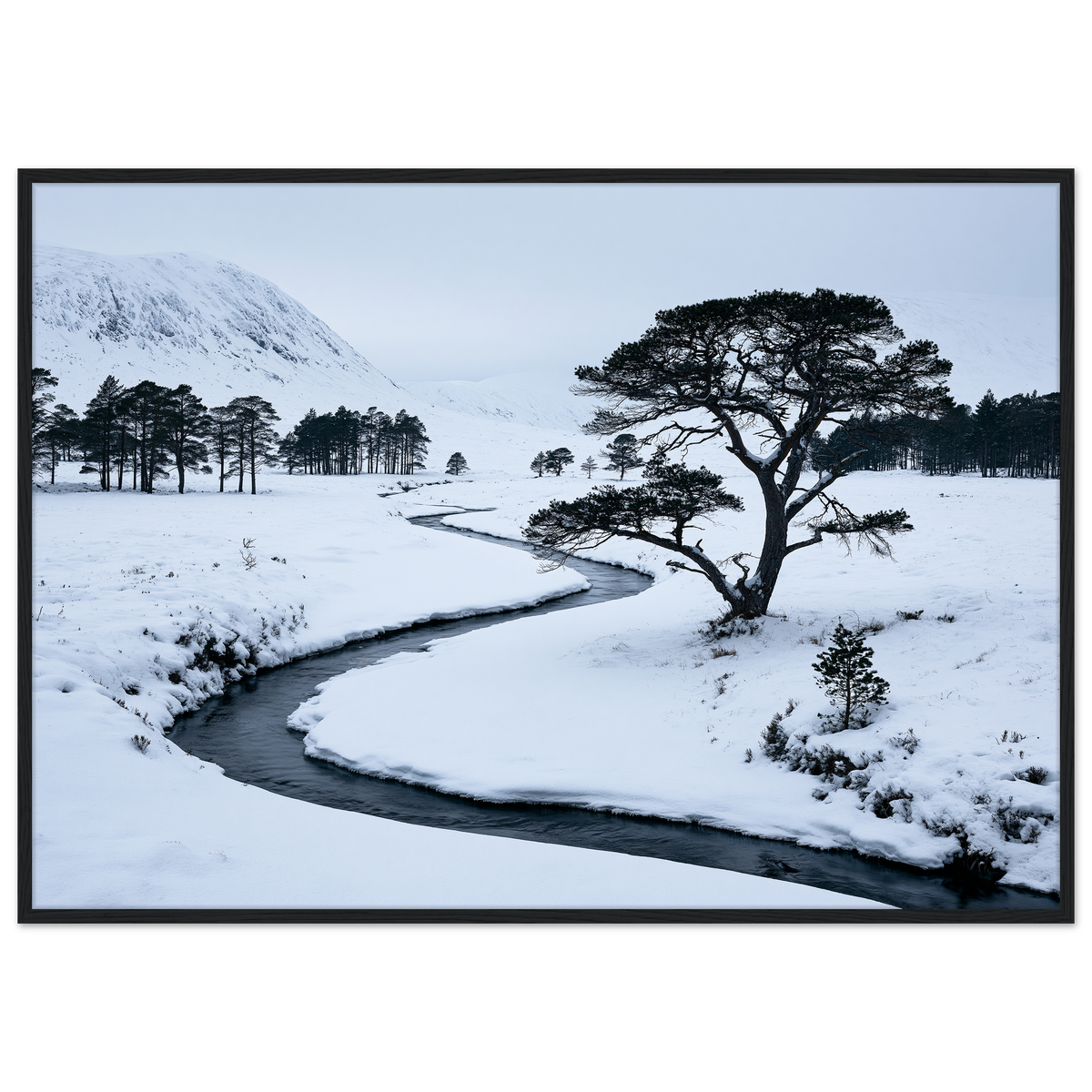 A snow-filled Highland glen with a frozen burn, print in a black frame