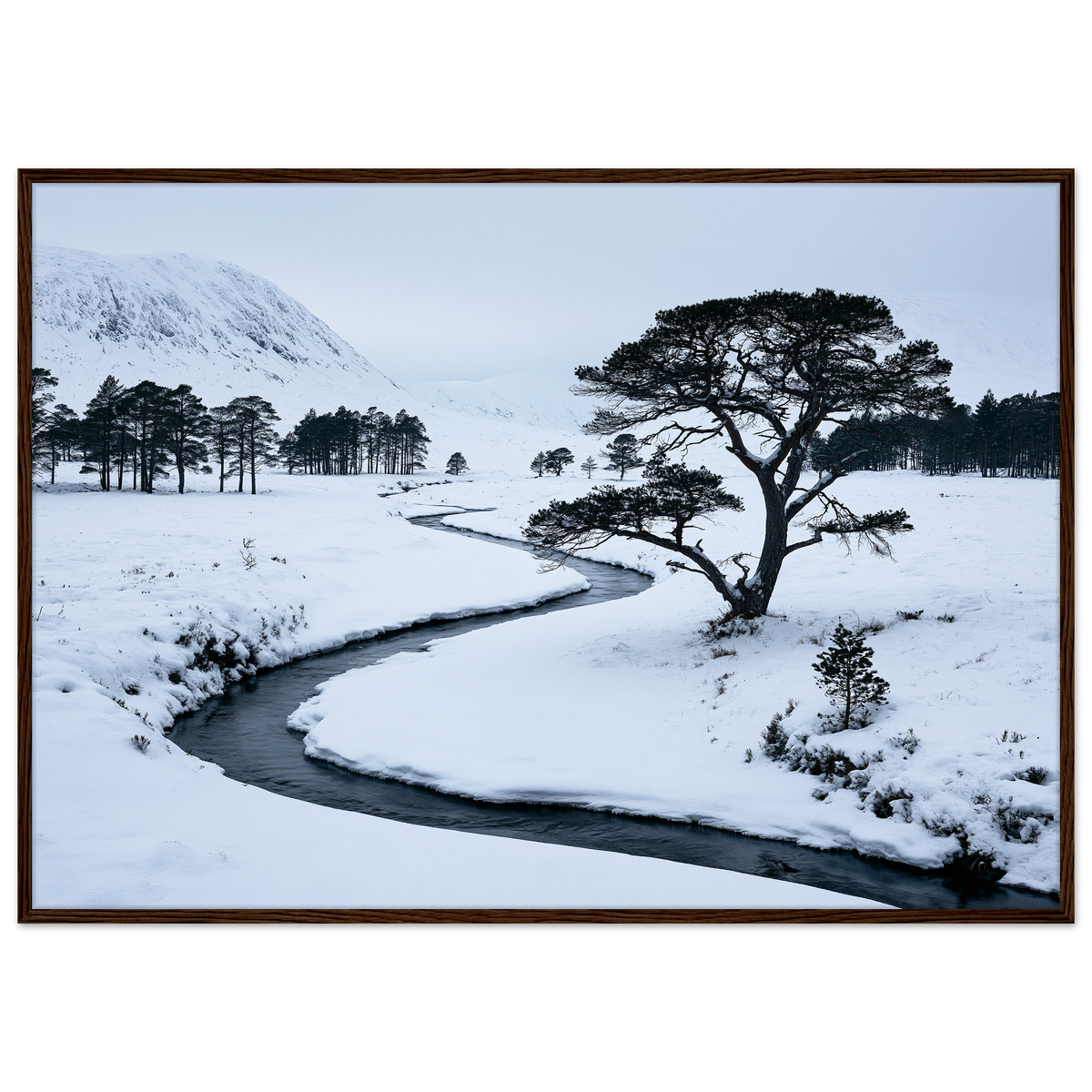 A snow-filled Highland glen with a frozen burn, print in a dark wood frame