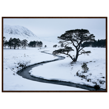 A snow-filled Highland glen with a frozen burn, print in a dark wood frame