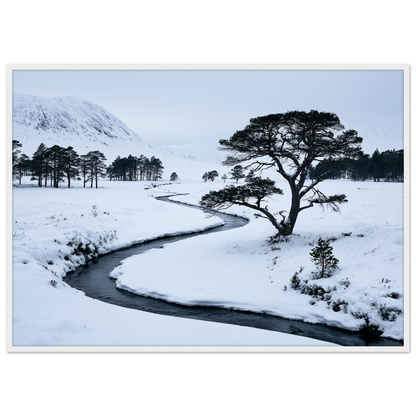 A snow-filled Highland glen with a frozen burn, print in a white frame