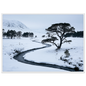 A snow-filled Highland glen with a frozen burn, print in a white frame