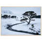 A snow-filled Highland glen with a frozen burn, print in a natural wood frame
