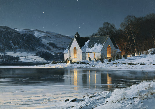 A small whitewashed Highland kirk beside a frozen loch on Christmas Eve, its tall windows lit gold under a deep blue starry sky