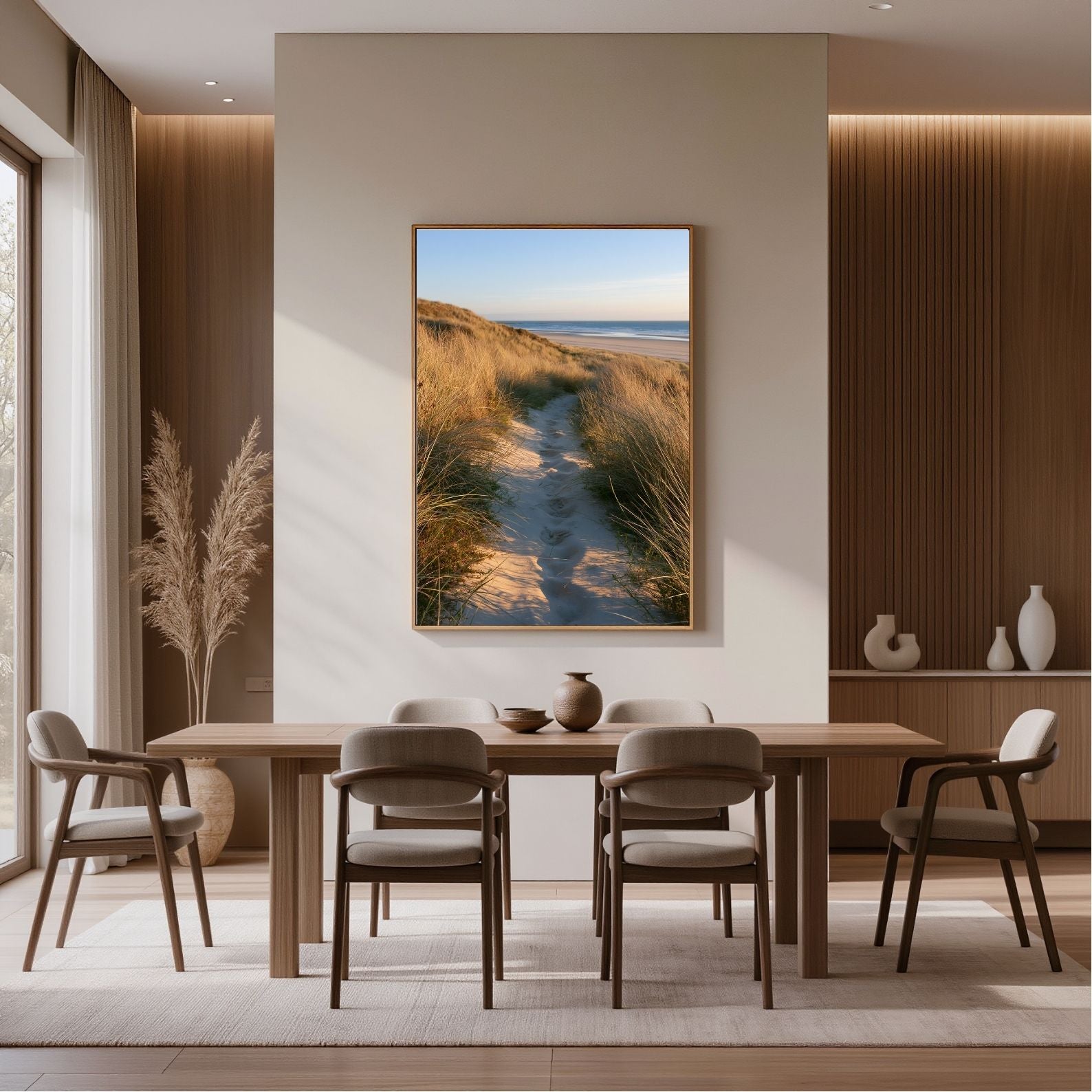 Sand track through marram grass to a beach, framed in light wood above a dining table in a warm modern room