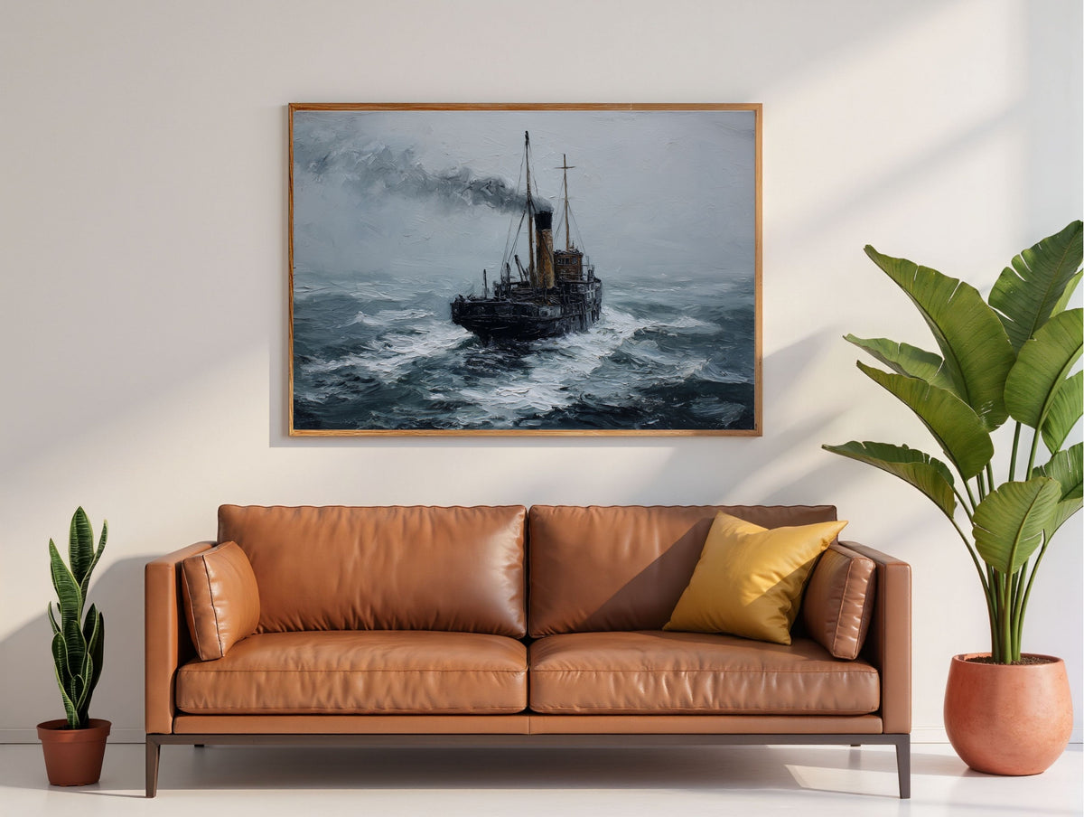 Clyde puffer steaming through heavy seas, framed in light wood above a tan leather sofa