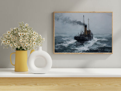 Clyde puffer steaming through heavy seas, framed in light wood above a shelf of vases and daisies