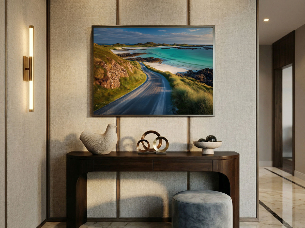 Winding coast road above a turquoise Hebridean bay, framed above a console table in a modern hallway