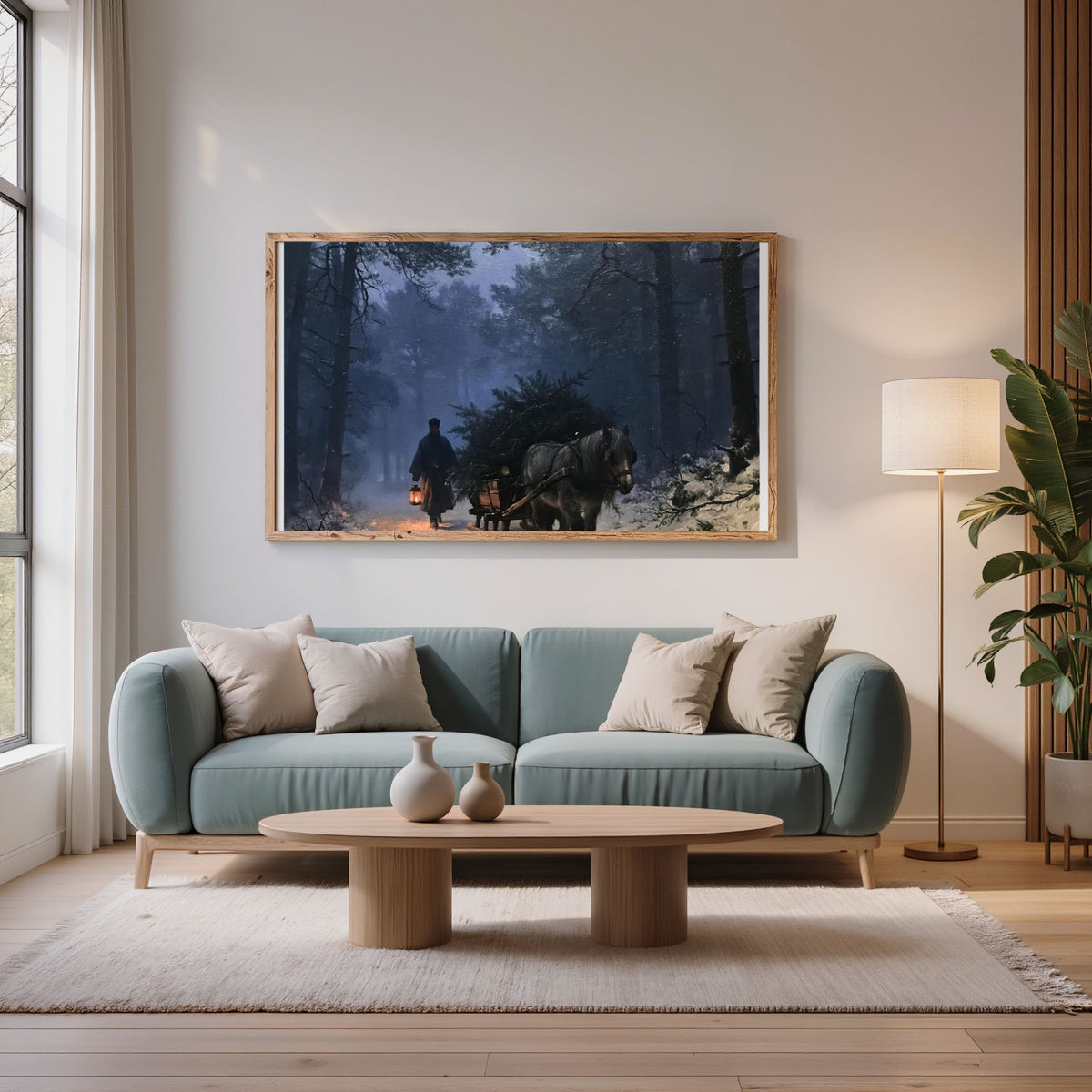 The Spruce Sledge, in a natural wood frame above a sage blue sofa in a bright living room