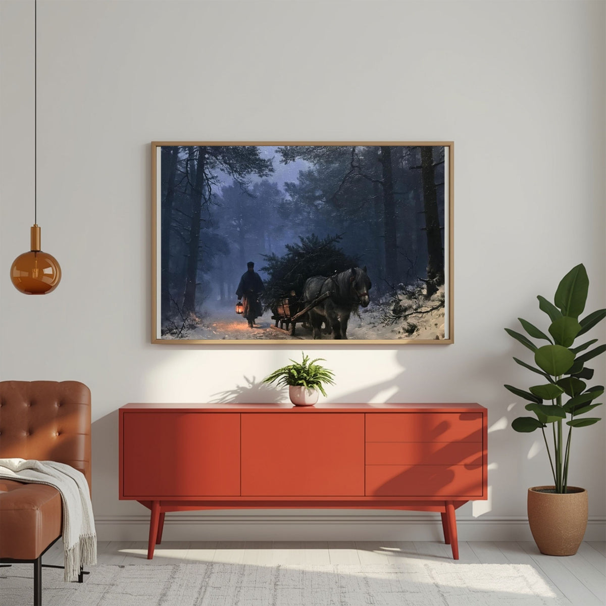 The Spruce Sledge, in a natural wood frame above a red sideboard beside a tan leather armchair