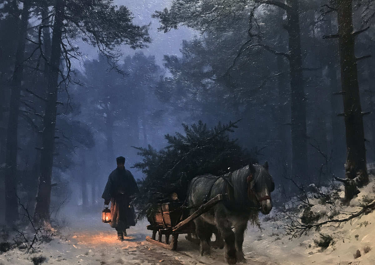 A grey horse hauling a felled spruce on a sledge through a snowy pine wood at dusk, led by a man with a lantern