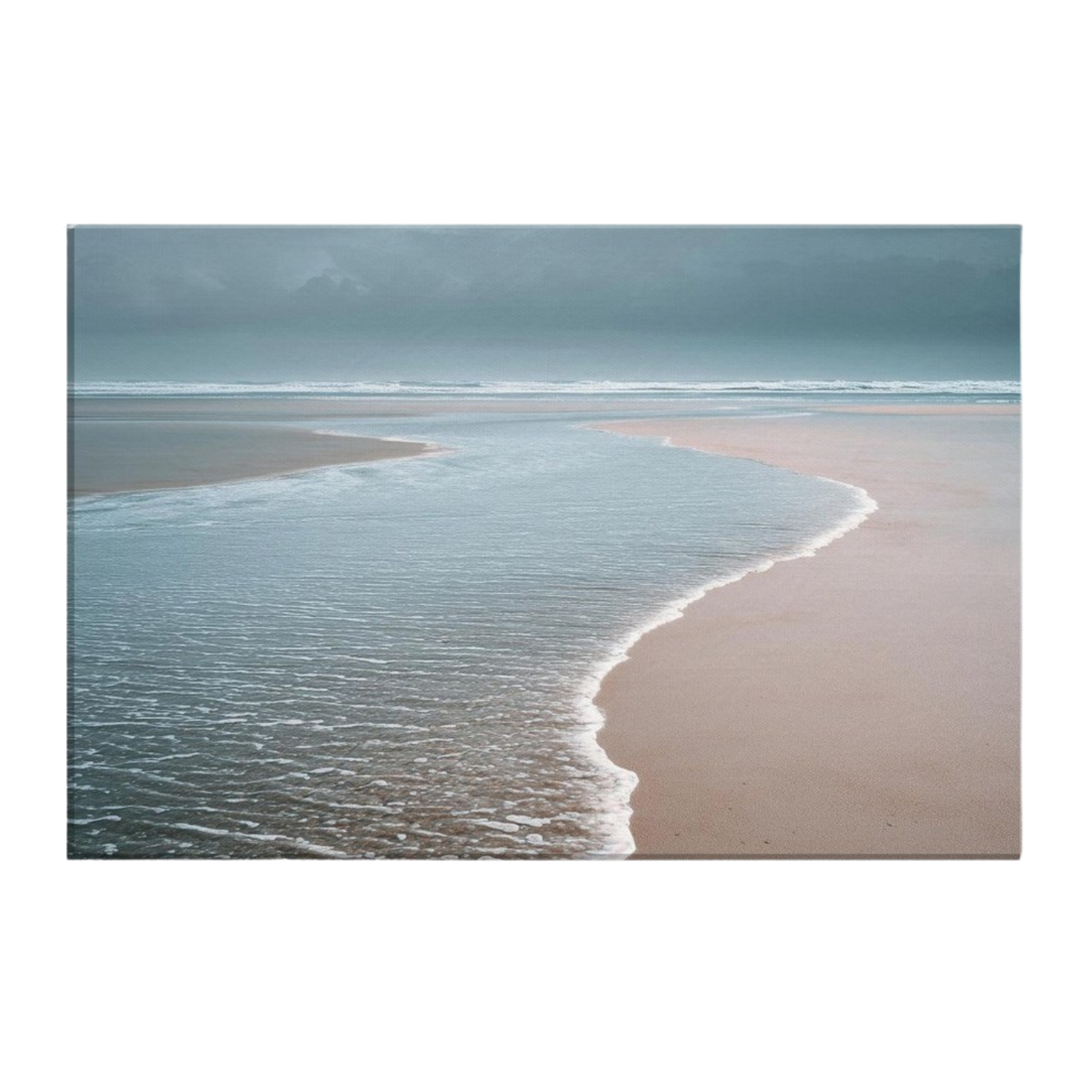 A thin sheet of water sliding back over wet sand at the tide line under a low grey sky, pink-grey sand meeting blue-green shallows, printed on stretched canvas