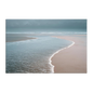 A thin sheet of water sliding back over wet sand at the tide line under a low grey sky, pink-grey sand meeting blue-green shallows, printed on stretched canvas