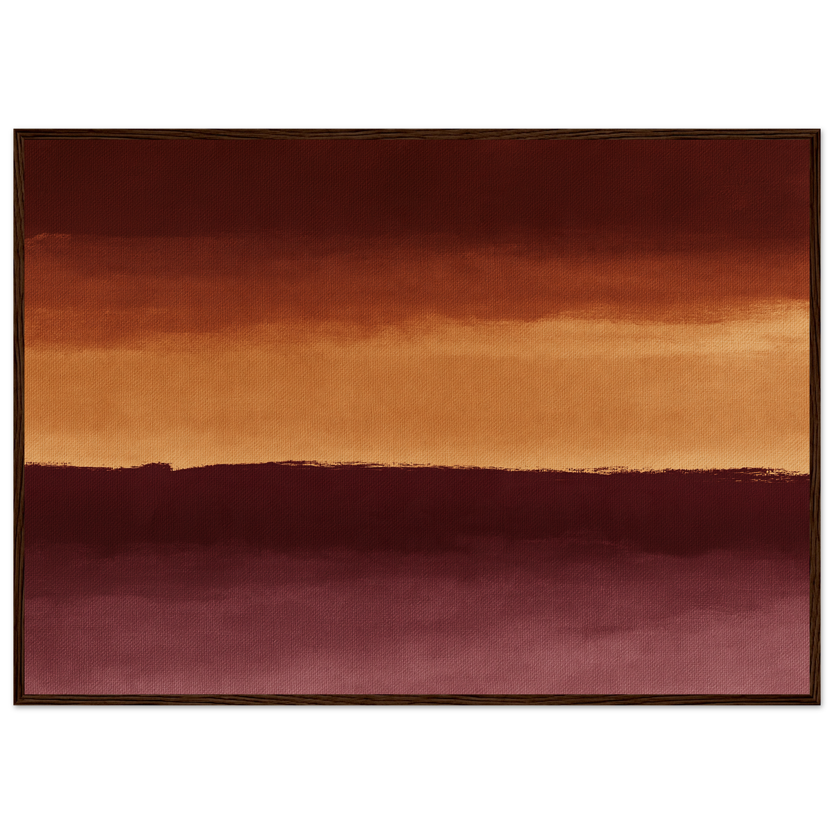 Three bands in rust and ochre, print in a dark wood frame