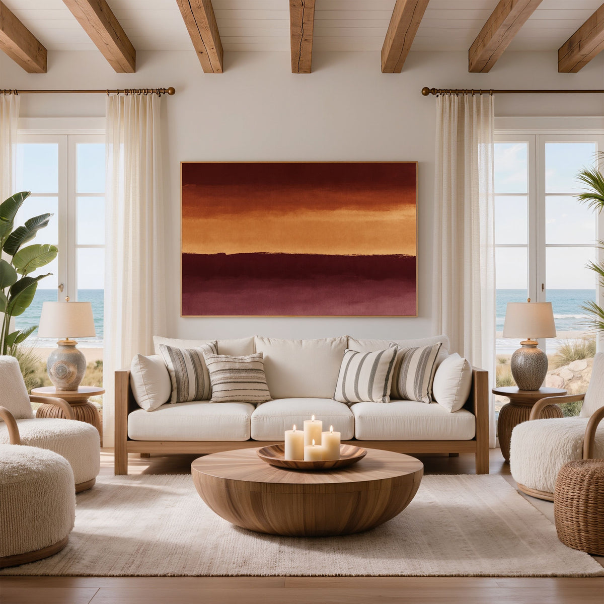 Three bands in rust and ochre, in a light wood frame above a cream sofa in a beamed coastal living room