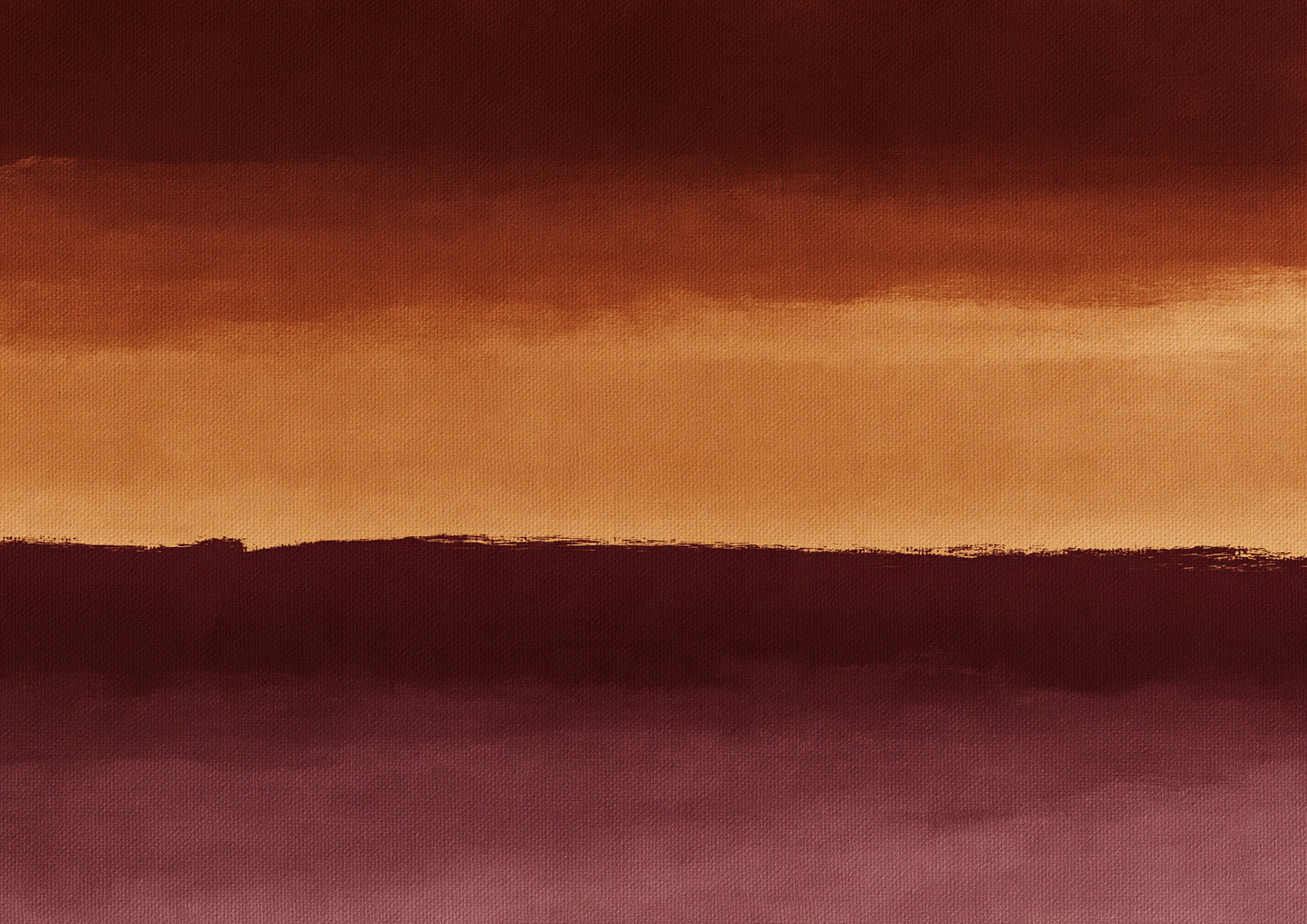 Three broad horizontal bands of deep oxblood, warm ochre and soft rose meeting at soft painted edges