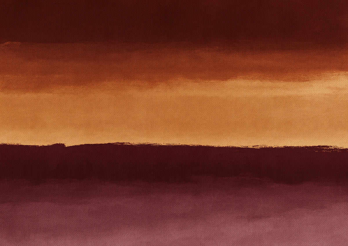 Three broad horizontal bands of deep oxblood, warm ochre and soft rose meeting at soft painted edges