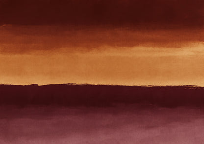 Three broad horizontal bands of deep oxblood, warm ochre and soft rose meeting at soft painted edges