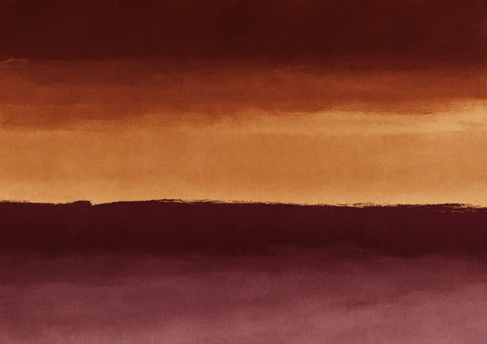 Three broad horizontal bands of deep oxblood, warm ochre and soft rose meeting at soft painted edges