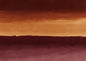 Three broad horizontal bands of deep oxblood, warm ochre and soft rose meeting at soft painted edges
