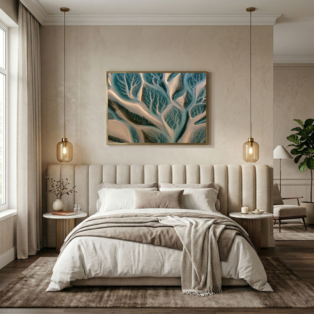 Tidal channels from above, in a pale frame above an upholstered bed with pendant lights in a warm bedroom