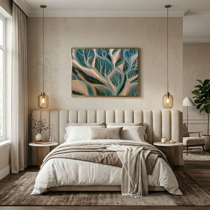 Tidal channels from above, in a pale frame above an upholstered bed with pendant lights in a warm bedroom