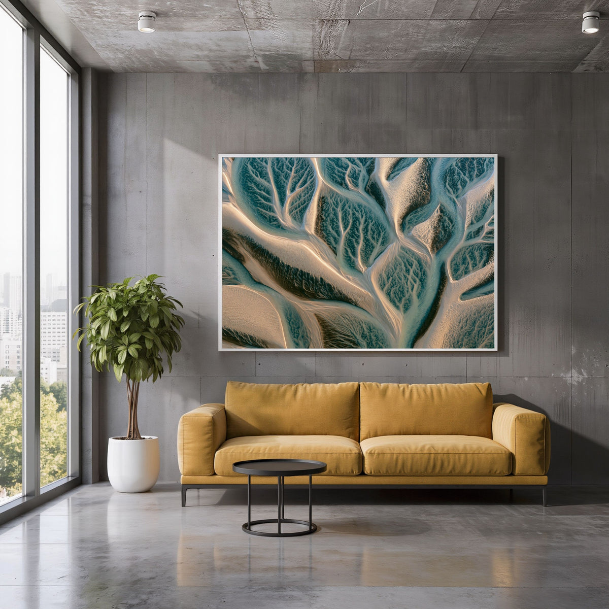Tidal channels from above, in a pale wood frame above a mustard sofa in a concrete-walled living room