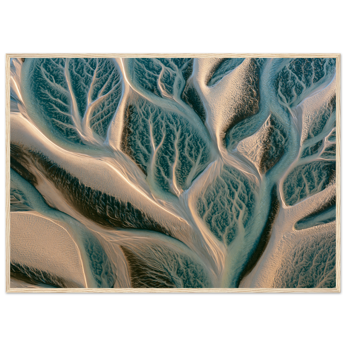 Tidal channels from above, print in a natural wood frame