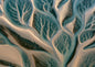 Branching tidal channels cut through wet sand seen from directly above, deep teal water against pale warm sand
