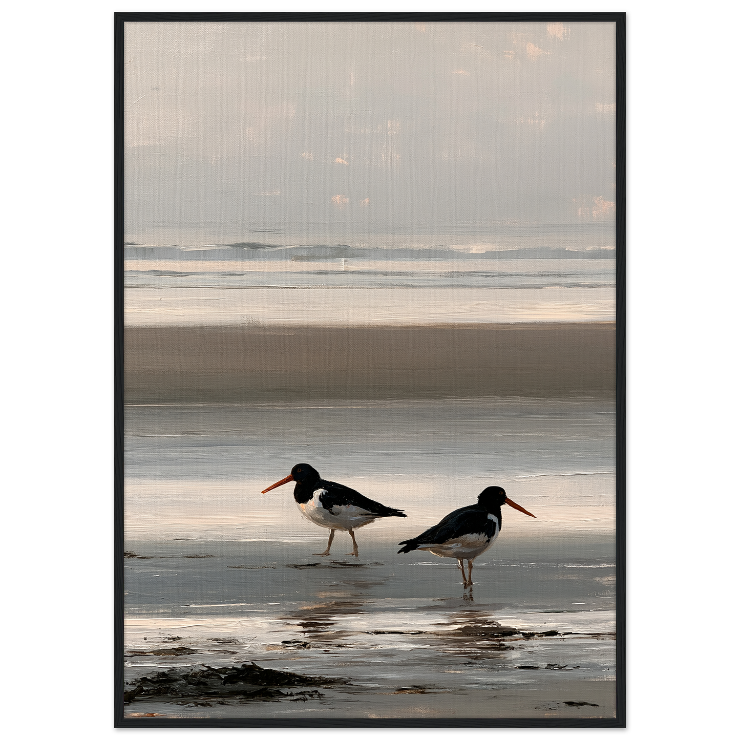 Two oystercatchers at low water coastal print in a black frame