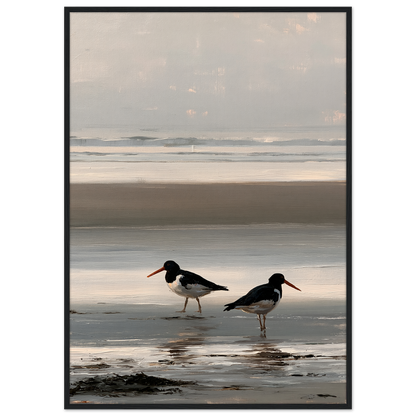 Two oystercatchers at low water coastal print in a black frame