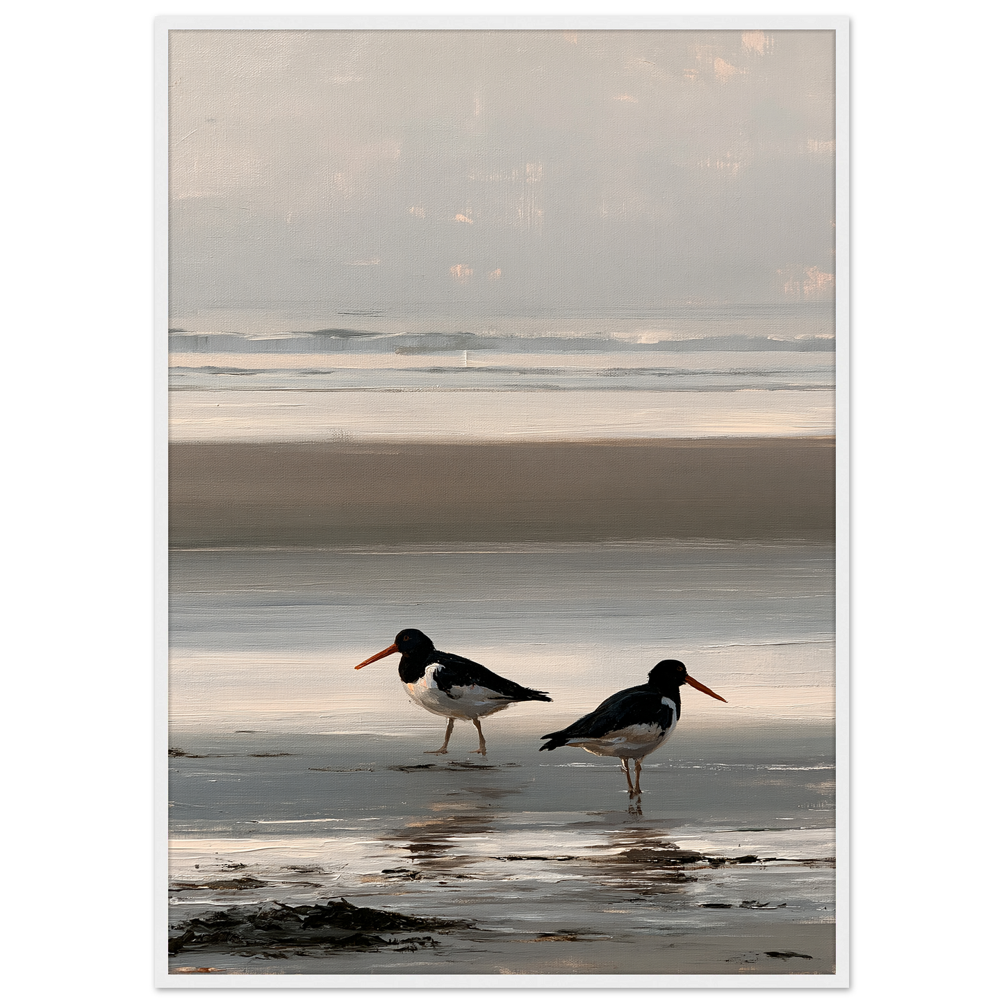 Two oystercatchers at low water coastal print in a white frame