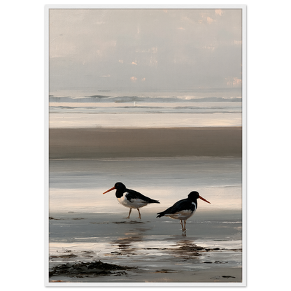 Two oystercatchers at low water coastal print in a white frame
