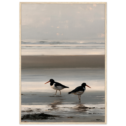 Two oystercatchers at low water coastal print in a pale natural wood frame