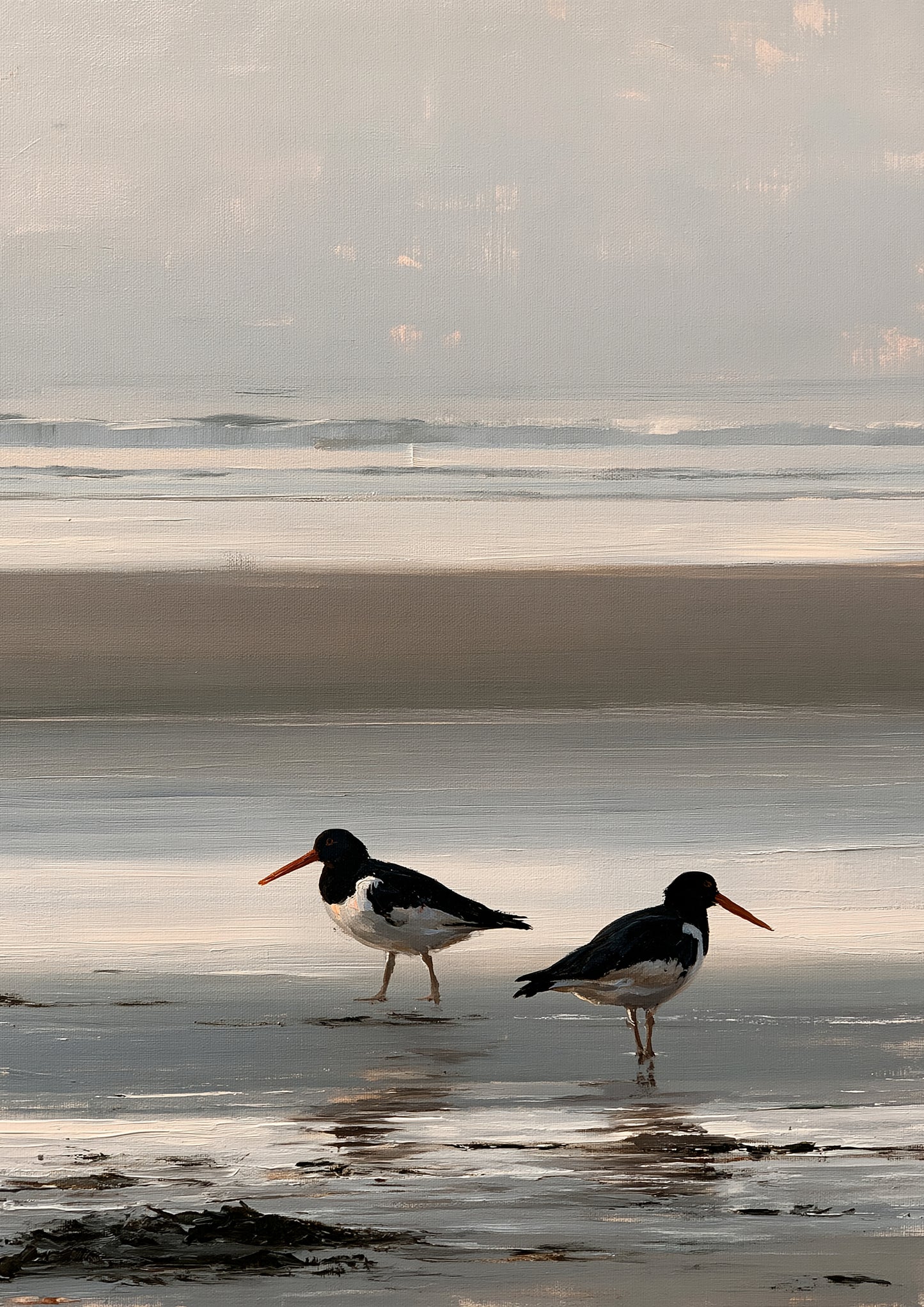 Two oystercatchers on wet sand at low water, painted in loose oils with soft evening light on the shore