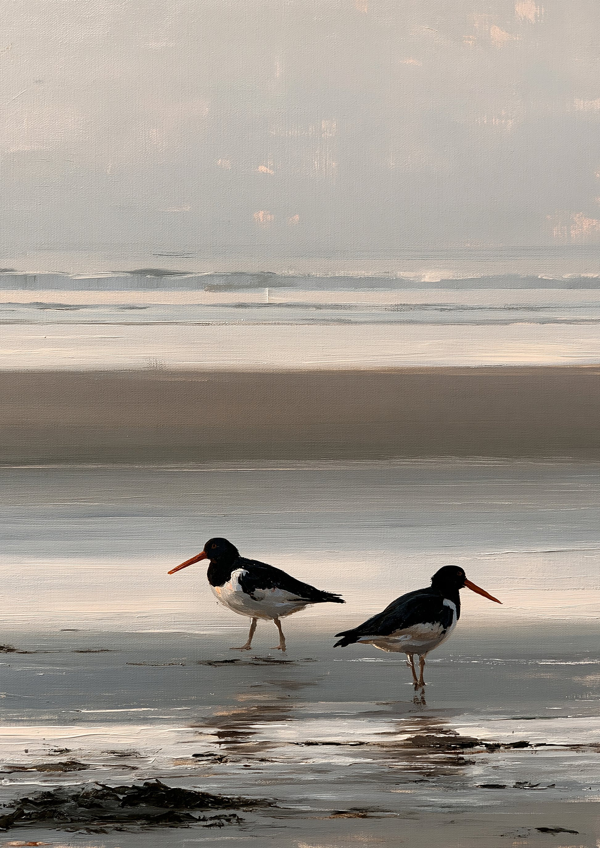 Two oystercatchers on wet sand at low water, painted in loose oils with soft evening light on the shore