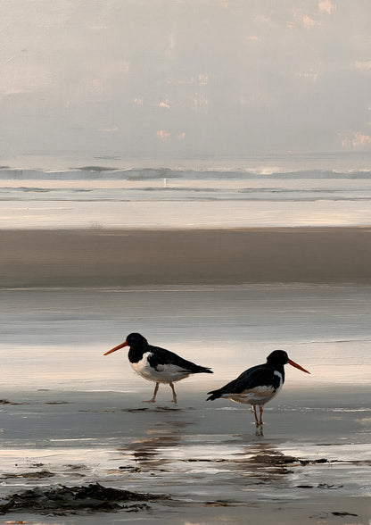 Two oystercatchers on wet sand at low water, painted in loose oils with soft evening light on the shore