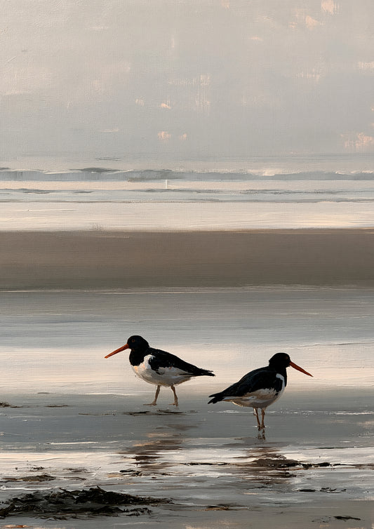 Two oystercatchers on wet sand at low water, painted in loose oils with soft evening light on the shore