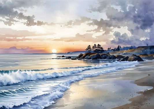 Watercolour waves breaking in long white lines on a wet sandy shore at sunset, a pine-topped rocky headland and violet clouds above a peach horizon
