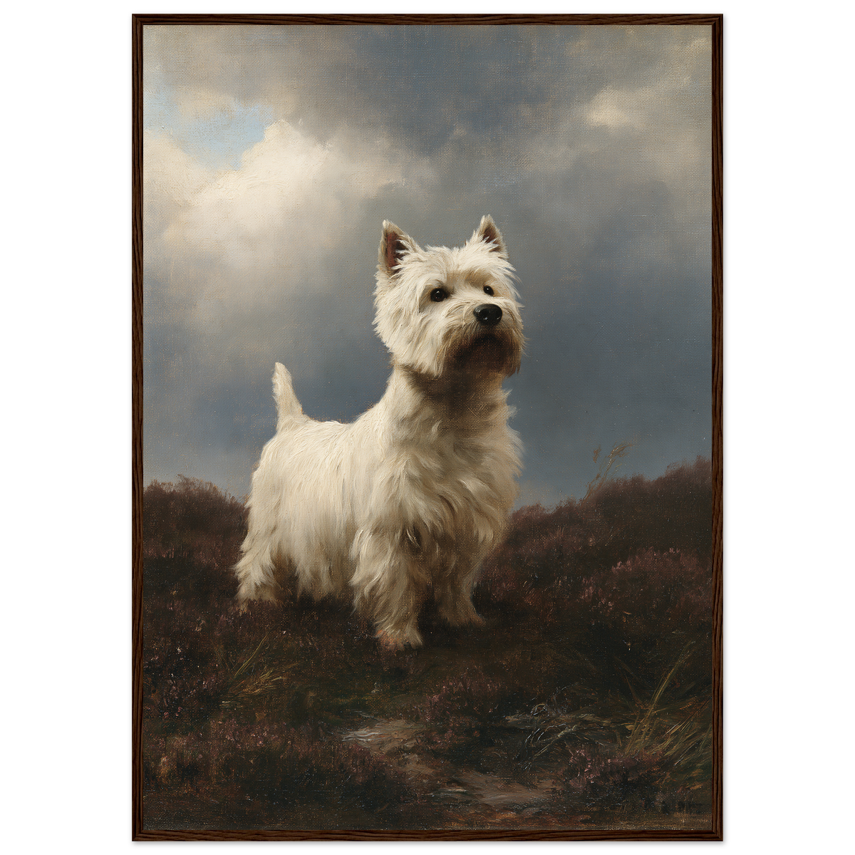 Westie on wet heather, print in a dark wood frame