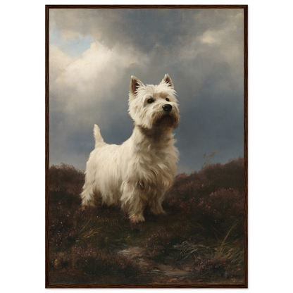 Westie on wet heather, print in a dark wood frame